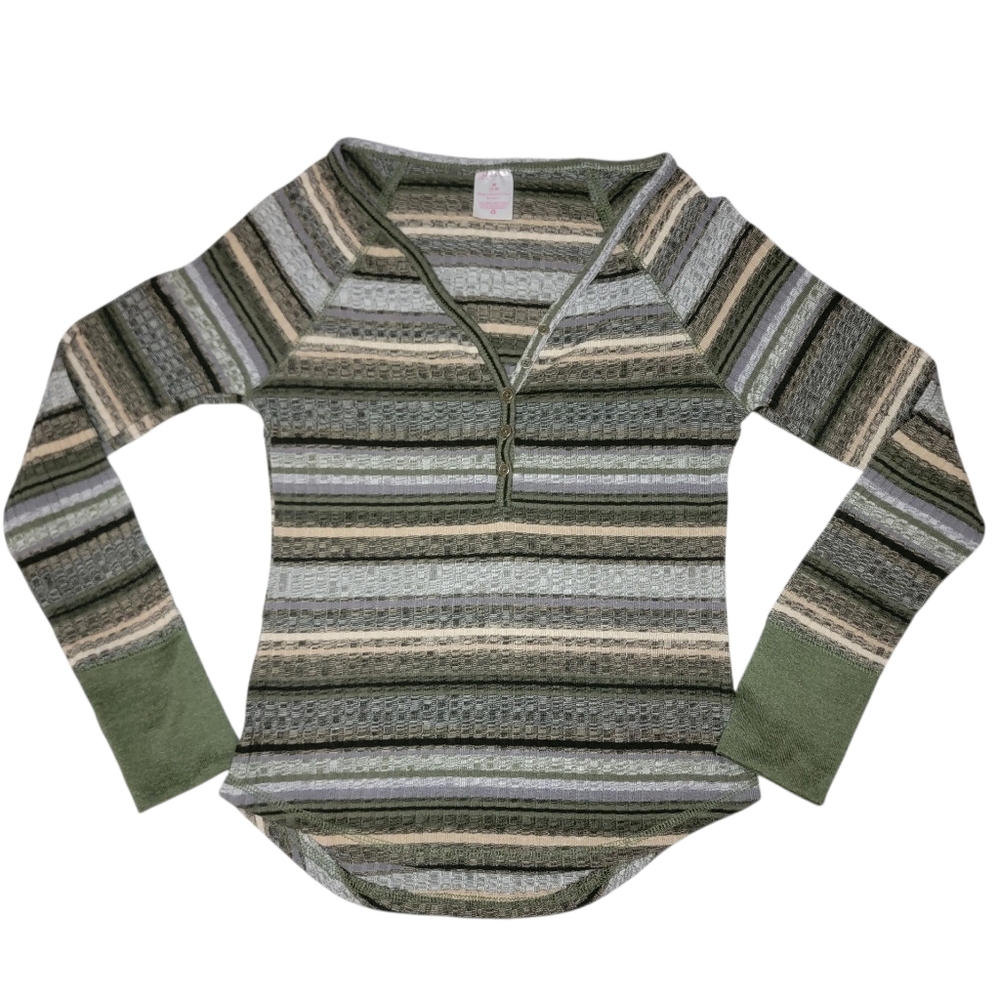 No Boundaries | Juniors Medium Striped Henley Top Color Sea Turtle Combo